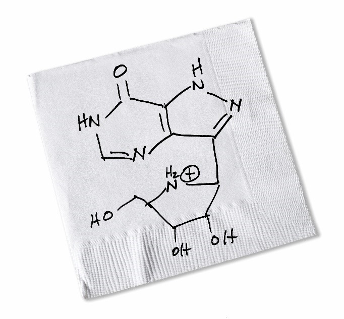 A paper napkin showing an ink drawing of single and double lines that connect chemical symbols of a molecule.