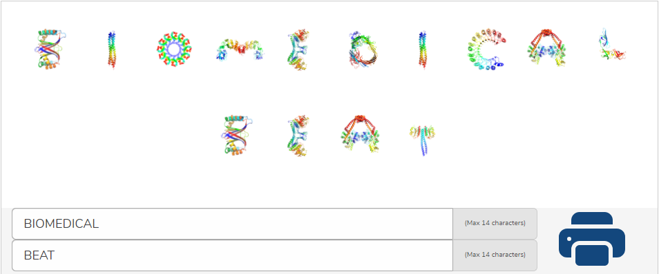 Biomedical Beat spelled out using rainbow-colored protein structures.