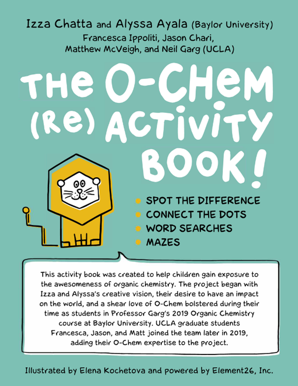 Book cover showing the title, summary description, and sketch of a lion with a mane and tail shaped as chemical structures.