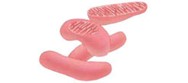 Mitochondria illustrated as four pink, oblong structures, in which two are sliced open with striations on the inside.