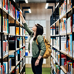 A girl looking at a stack of books in a library.