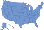 Map of United States showing Biotechnology Predoctoral Research Training Program Institutions
